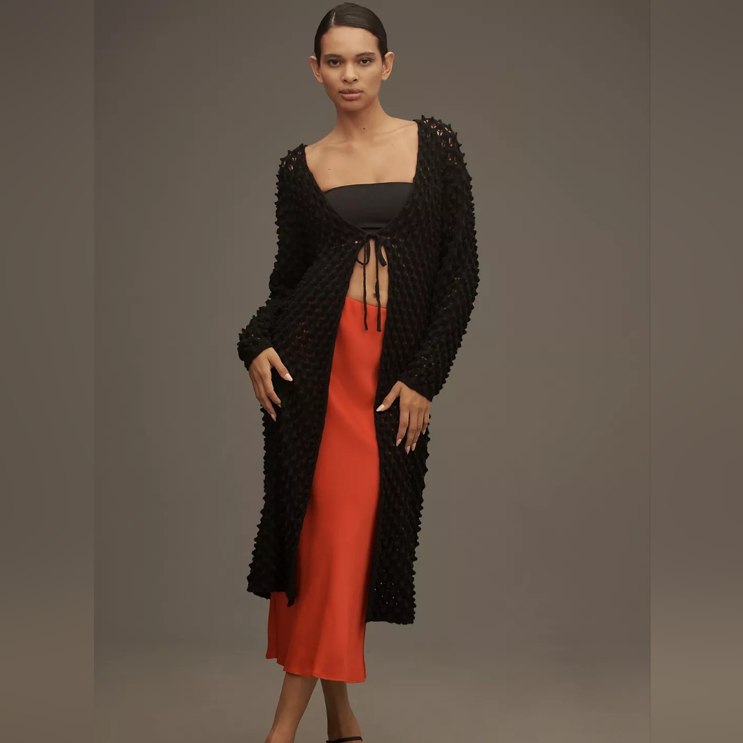 Maeve Long Front-Tie Popcorn Cardigan Anthropologie - One Size - Nwt - Black
